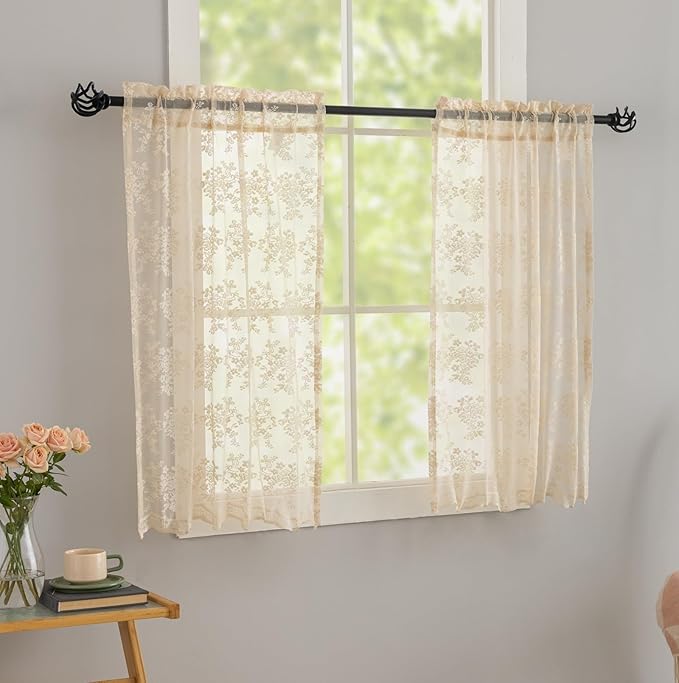 YJ YANJUN Vintage Lace Curtains 24 inch Length 2 Panles Short Sheer Cafe Curtains for Windows, Light Filtering, Half Window Curtain for Laundry Room Basement Bathroom KIitchen Cabinets 26 x24 Inches