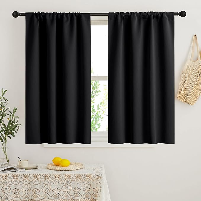 RYB HOME Short Blackout Curtains for Bedroom, Black Room Darkening Insulated Summer Heat Light UV Blocking Energy Saving Drapes for Nursery, Width 34 by Length 48, Black, Set of 2