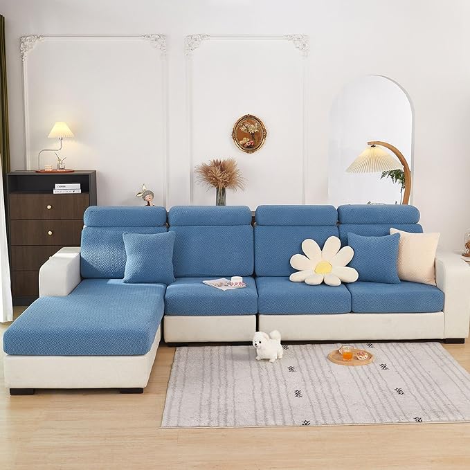 Couch Covers for 2 Cushion Sofa Pet Friendly Couch Cushion Covers Universal Sofa Covers Washable Stretch Slipcovers for Sectional Sofa (Texture Blue,Large Double Seat Cover)