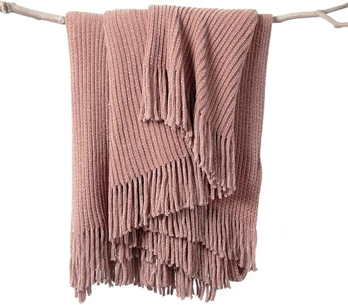 lifein Throw Blanket for Couch, Soft Boho Decor Bed Throw,Cozy Chenille Knitted Small Farmhouse Lightweight Throw (Pink,60 * 80")