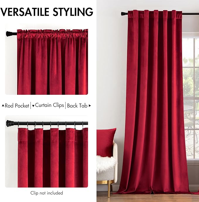 MIULEE Velvet Curtains 108 inches Long - Luxury Blackout Curtains for Bedroom Living Room Thermal Insulated Super Soft Window Drapes Rod Pocket & Back Tab Christmas Decor, Red, 2 Panels