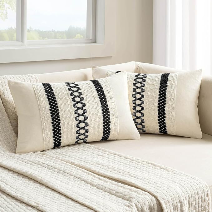 MIULEE Set of 2 Black Boho Decorative Lumbar Pillow Covers 12x20 Inch Farmhouse Rustic Couch Throw Pillows Modern Cotton Cushion Covers Retro Cute Macrame Woven Spring Home Decor for Bed Sofa Chair