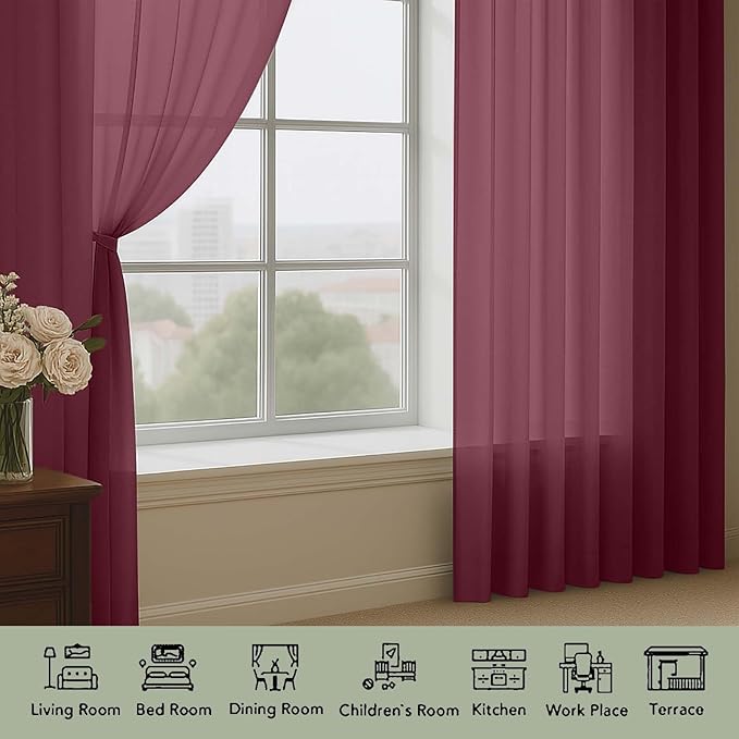 OWENIE Sheer Curtains 2 Panels Set for Bedroom Living Room, Soft Solid Rod Pocket Light Filtering Window Treatment, 2Pcs Each 59" W x 108" L, Burgundy Wine