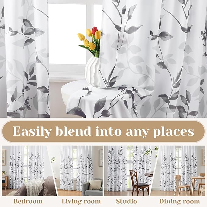 HOMEIDEAS Non-See-Through Light Grey and White Privacy Sheer Curtains 52 X 96 Inches Long 2 Panels, Leaf Floral Printed Light Filtering Semi Sheer Window Curtains Drapes for Bedroom Living Room