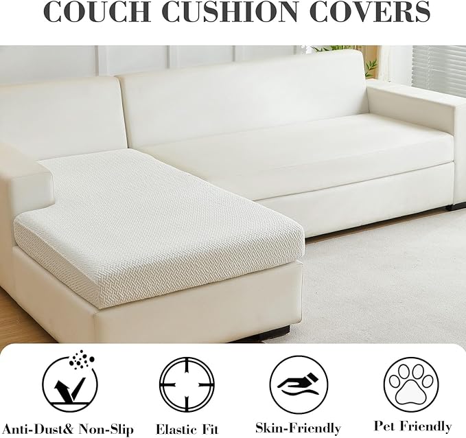 Sofa Covers Couch Covers for Sofa Pet Friendly Couch Cushion Covers Universal Sofa Covers Washable Stretch Slipcovers for Sectional Sofa (Texture Ivory White,Chaise Cover)
