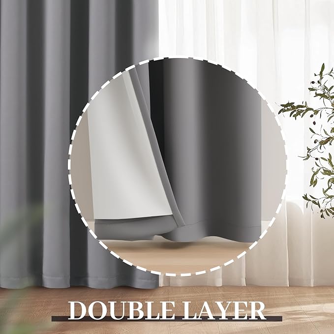 Yakamok Grey Room Darkening 100% Blackout Curtains Grommet Window Treatments with 2 Thick Layers-Gray Thermal Insulated Drapes Set of 2 Panels for Bedroom Living Room 52 Inches by 72 Inches Length