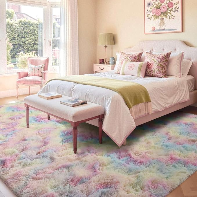 6x9 Ft Large Shag Kids Colorful Rug for Living Room, Ultra Soft Fluffy Furry Area Rugs for Nursery Bedroom Indoor Floor, Girls Aesthetic Carpet Home Decor (Rainbow)