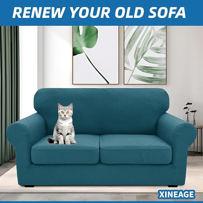 XINEAGE New 3 Pieces Couch Covers for 2 Cushion Sofa Super Stretch Loveseat Slipcover Pet Dog Universal Slip Cover Anti Slip Love Seat Furniture Protector (Peacock Blue, 55"-69")