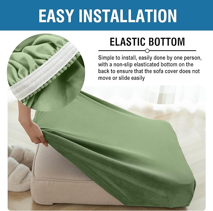 Couch Cover Stretch Velvet Sofa Cushion Cover 3-Piece - Elastic Washable Slipcover for Seat or Backrest, Couch Seat Covers for Sofas (Avocado Green)