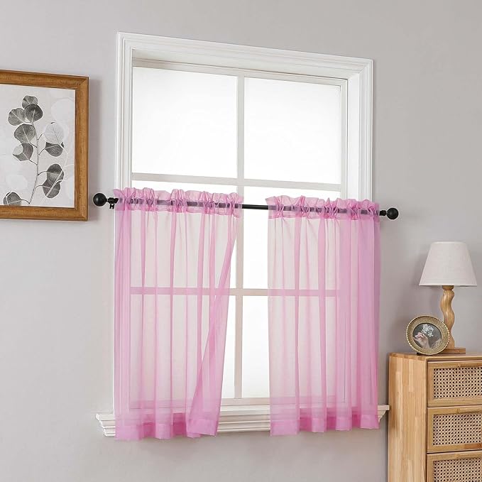 Light Pink Sheer Curtains Tier 30 Inches Length 2 Panels, Light Filtering Lightweight Soft Window Treatments Drapes, Cute Elegant Cafe Curtains for Nursery, Dual Rod Pocket, 2x42Wx30L Inches
