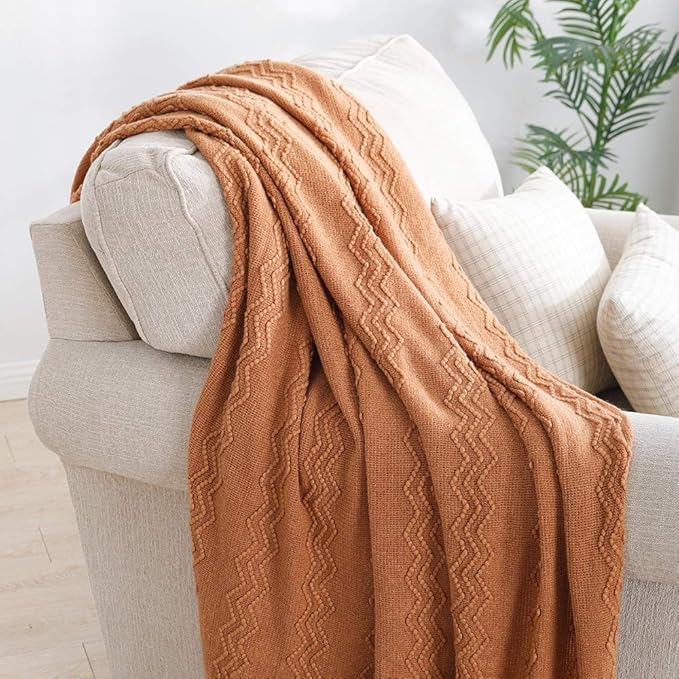 BOURINA Almond Throw Blanket 50 x90 Inches Throw Textured Solid Soft Sofa Throw Bed Runner Couch Cover Knitted Decorative Blanket Bed Runner