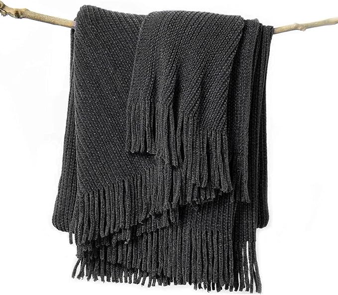 lifein Throw Blanket for Couch, Soft Boho Decor Bed Throw,Cozy Grey Knitted Chenille Small Farmhouse Lightweight Throw (Dark Grey,60 * 80")