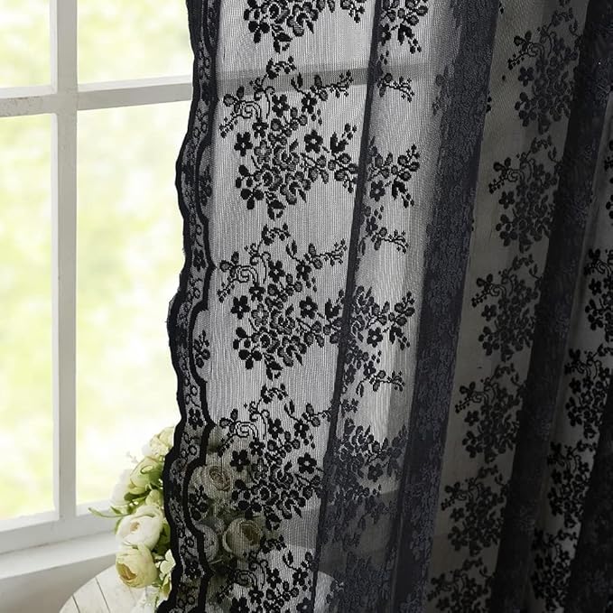 YJ YANJUN Vintage Lace Curtains 90 Inches Long- Victorian Floral Pattern Black Sheer Curtain Panels for Living Room Bedroom,Light Filtering, Gothic Witchy Halloween Drapes 2 Panels 52W x 90L