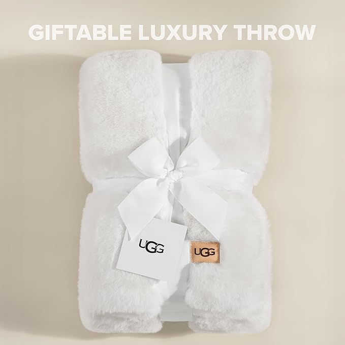 UGG Euphoria Faux Fur Throw Blanket, Warm Fluffy for Couch or Bed, Luxury Bedroom Decor, Blankets, Machine Washable, 50-inch x 70-inch, White Snow
