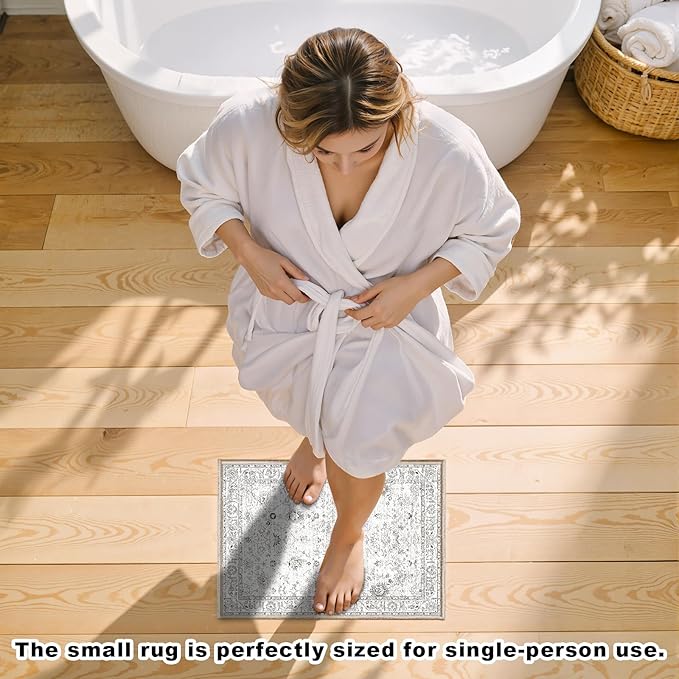 Area Rugs 24x17 Inch Home Decor Entry Rug, Small Door Mat Bath Mats for Bathroom, Ultra-Thin Non Slip Floral Low Pile Tub Mat for Sink Shower Doorway Tub Kitchen Sink(2 x 1.4 ft, Grey)