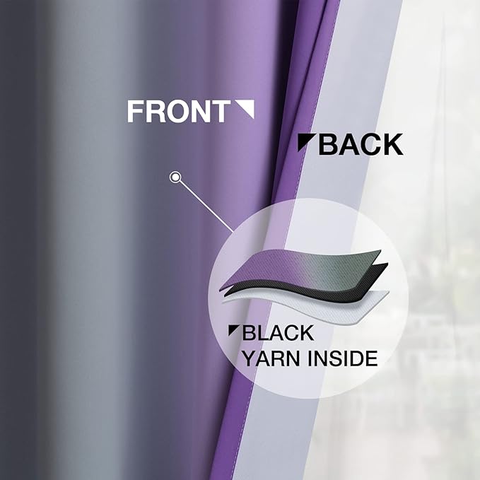 Yakamok Ombre Purple and Grey Curtains for Bedroom, Gradient Room Darkening Curtains 63 inches long,Grommet Thermal Insulated Light Blocking Window Drapes/Curtain for Living Room,52 x 63 Inch,2 Panels