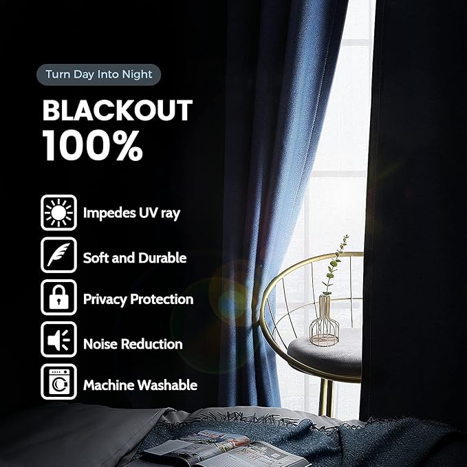 SimpleHome 100% Blackout Curtains for Bedroom,Thermal Insulated Grommet Window Drapes Room Darkening Navy Blue Curtains for Living Room with Black Back,52 x 63 Inch,2 Panels