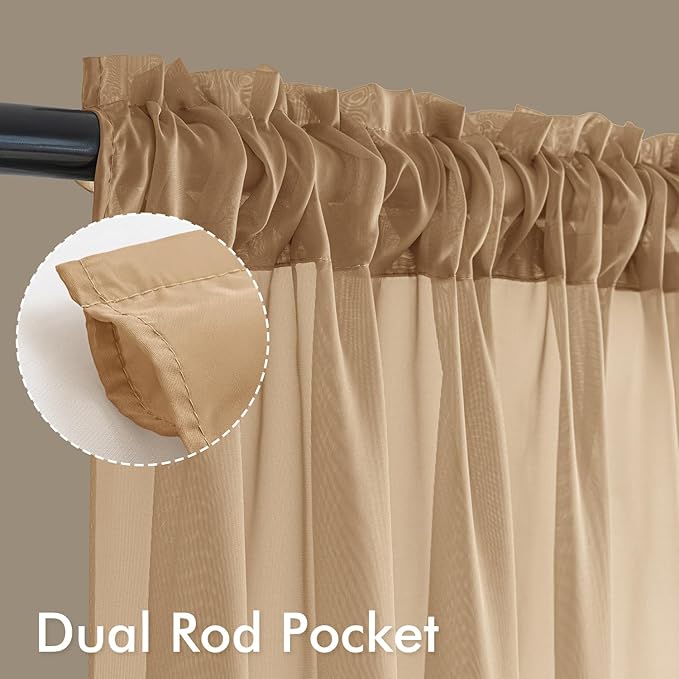 MIULEE Brown Sheer Curtains 108 Inches Long, 4 Panels Set, Rod Pocket Voile Drapes Light Filtering and Semi Transparent, Elegant Window Treatments for Bedroom Living Room,42 x 108 Inches