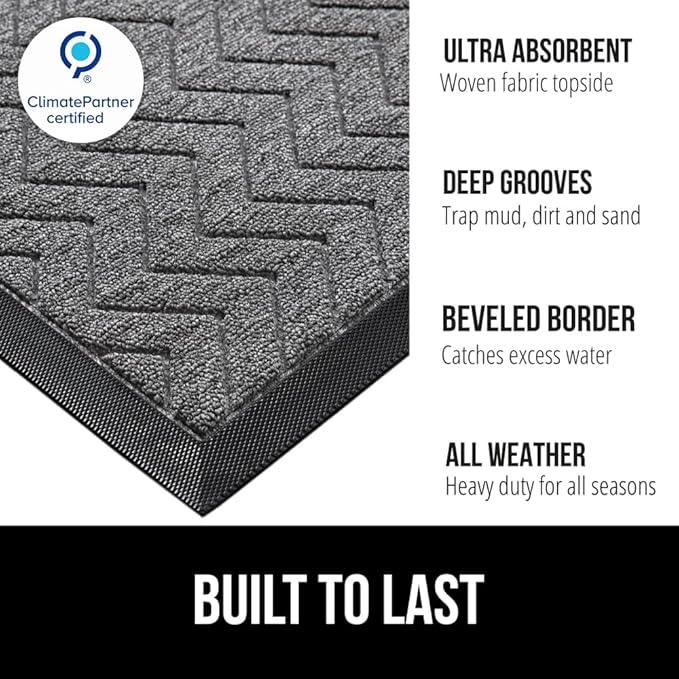GORILLA GRIP 100% Waterproof All-Season WeatherMAX Doormat US Designed Natural Rubber, Stain and Fade Resistant, Low Profile Indoor Outdoor Door Mats, Easy Clean Patio Mat, 29x17, Steel Chevron