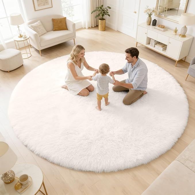 OLANLY Ivory Round Rugs for Bedroom - Machine Washable, 7 ft Circle Area Rugs for Living Room, Soft and Fluffy Shaggy Carpet for Teen Girls and Boys, Nursery Rooms, Dorms, Home Decor Aesthetic