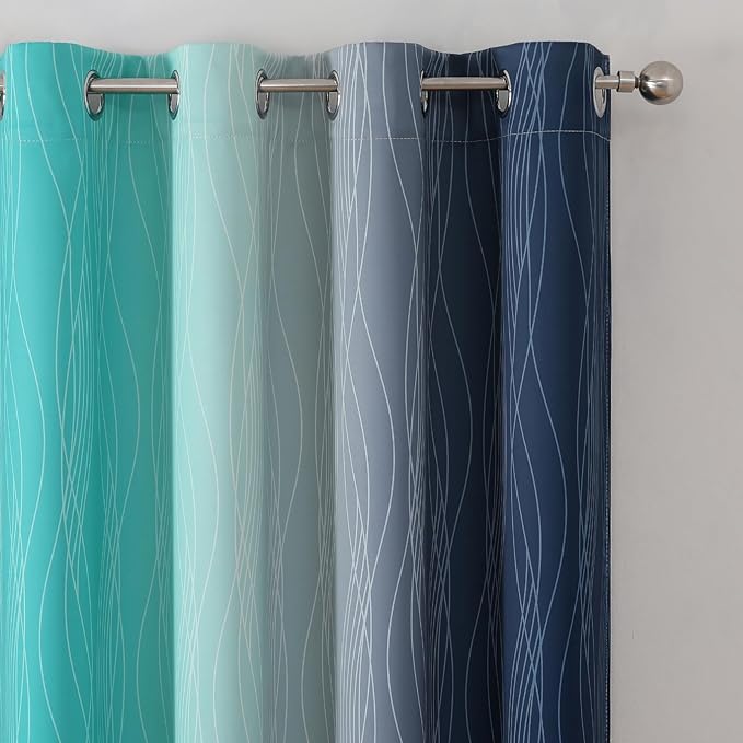 Estelar Textiler Navy Blue and Teal Gradient Blackout Curtains for Bedroom, Thermal Insulated Ombre Blackout Drapes, Full Room Darkening Energy Saving Curtains for Living Room,52Wx84L,2 Panels