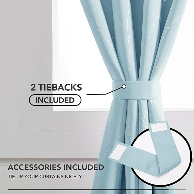 Deconovo Blackout Curtains, Thermal Insulated Soundproof Grommet Drapes, Wave Dot Foil Print, 52 x 108 Inch, Set of 2, Machine Washable Window Panel for Bedroom Living Room Nursery Kitchen, Light Blue