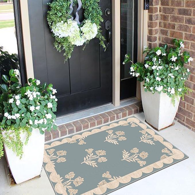 Front Door Mat Outside Entrance - 2x3 Floral Non-Slip Washable Doormat Indoor Outdoor Mat Blue Retro Farmhouse Scalloped Entry Rug Small Throw Rugs for Entryway Kitchen Front Porch Decor