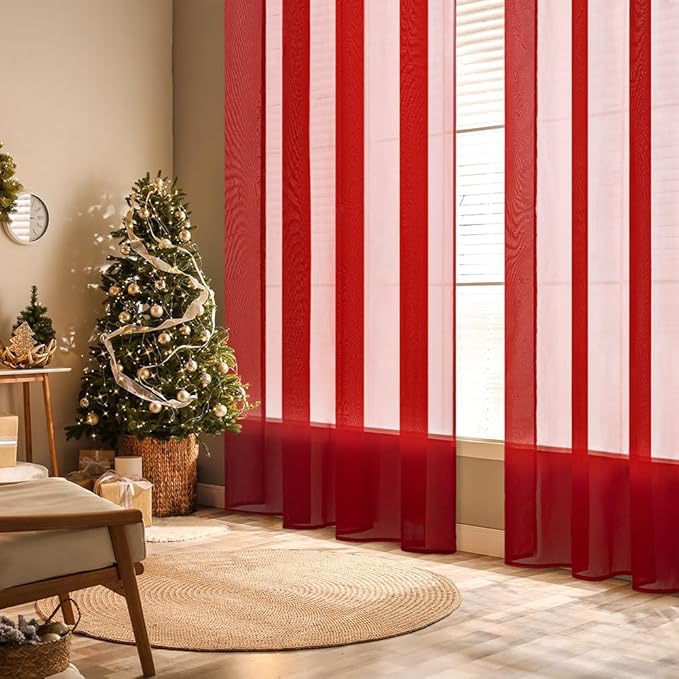 MIULEE 2 Panels Red Solid Color Sheer Christmas Window Curtains Elegant Window Voile Panels/Drapes/Treatment for Bedroom Living Room (54X90 Inches)