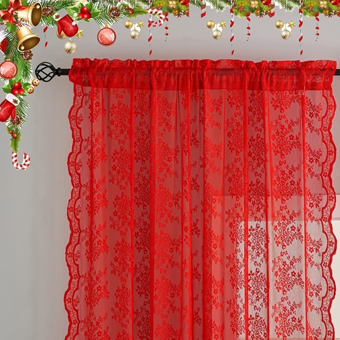 YJ YANJUN Vintage Lace Curtains 84 Inches Long-Victorian Floral Pattern Red Sheer Curtain Panels for Living Room Bedroom,Light Filtering, Xmas Gift for Holiday Decor 2 Panels 52W x 84L