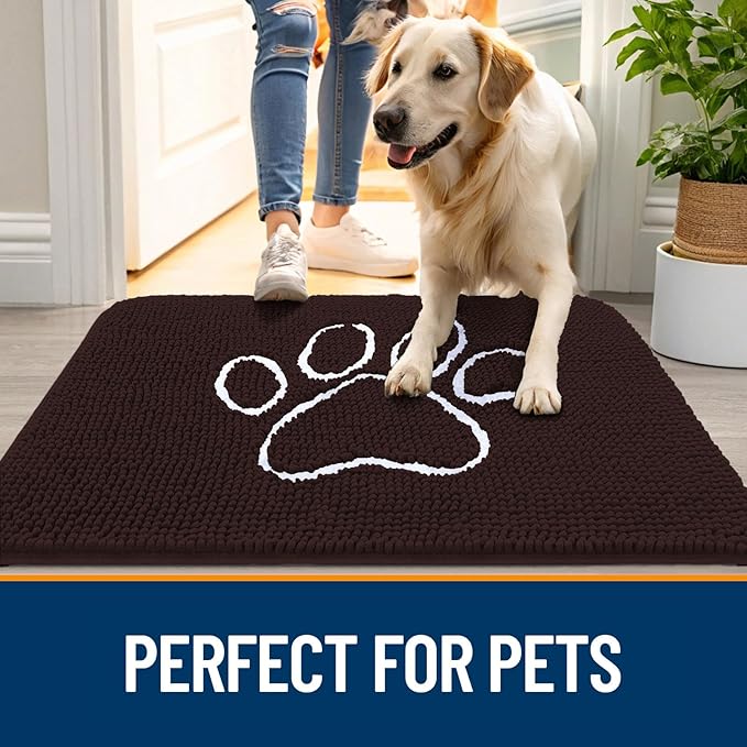 OLANLY Dog Door Mat for Muddy Paws 40x24, Paw Print Design, Absorbs Moisture and Dirt, Absorbent Non-Slip Washable Doormat, Quick Dry Chenille Mud Mat for Dogs, Entry Indoor Entryway Carpet, Brown