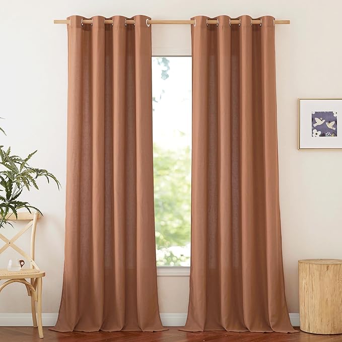 NICETOWN Caramel Linen Curtains for Kitchen, Thick Flax Small Window Treatments Semi Sheer Privacy Assured with Light Through for Cafe/Bathroom, W55 x L92, 2 Panels
