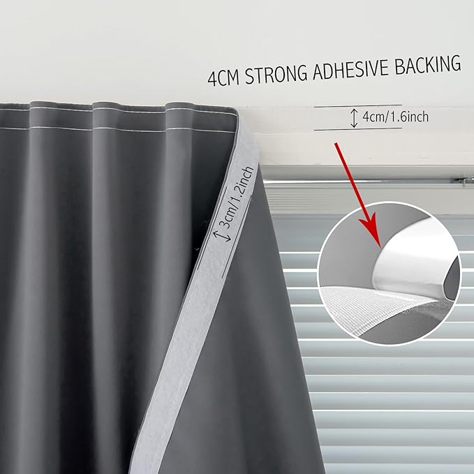 Magic Tape Blackout Curtains for Bedroom No Drillng Self Adhesive Curtains No Rod Small Window, 59" W X 96" L, Grey, 1 Panel