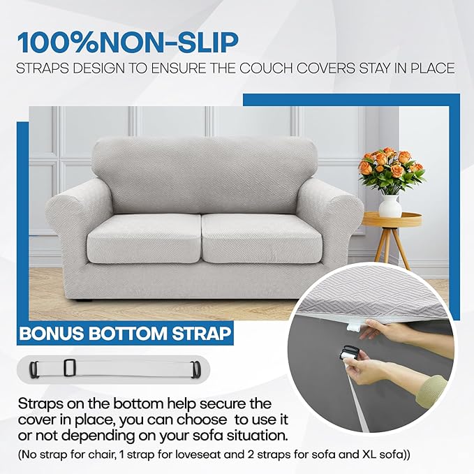 XINEAGE 2026 New 3 Pieces Couch Covers for 2 Extra Large Cushion Sofa Super Stretch Sofa Cover for 2 Large Seat Universal Loveseat Slip Cover for Living Room (Silver Grey), 71"-91"(2 Cushions)