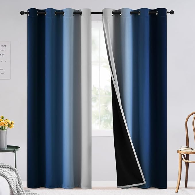 SimpleHome Blue Ombre 100% Blackout Curtains for Bedroom 96 Inches Long, Room Darkening Thermal Insulated Grommet Curtains for Living Room, 2 Panels, 52x96 inches Length