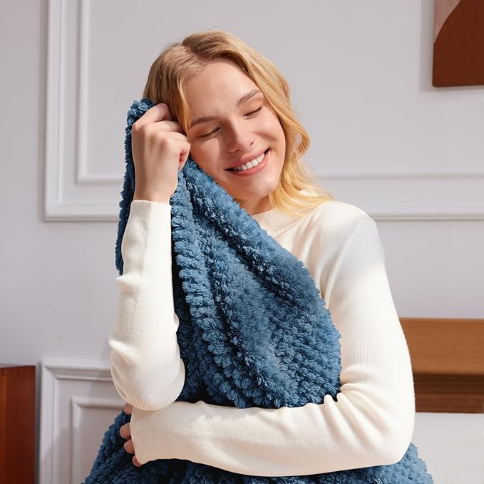 Whale Flotilla Queen Size Fuzzy Fleece Blanket, Fluffy Warm Soft Jacquard Bed Blankets for All Season, Lightweight and Cozy, 90x90 Inch, Slate Blue