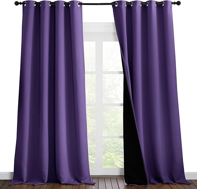 NICETOWN 100% Blackout Blinds, Set of 2, 52 inches x 120 inches, Laundry Room Decor Window Treatment Curtains for Large Patio Sliding Door, Thermal Insulated Lilac Purple Curtains for Bedroom