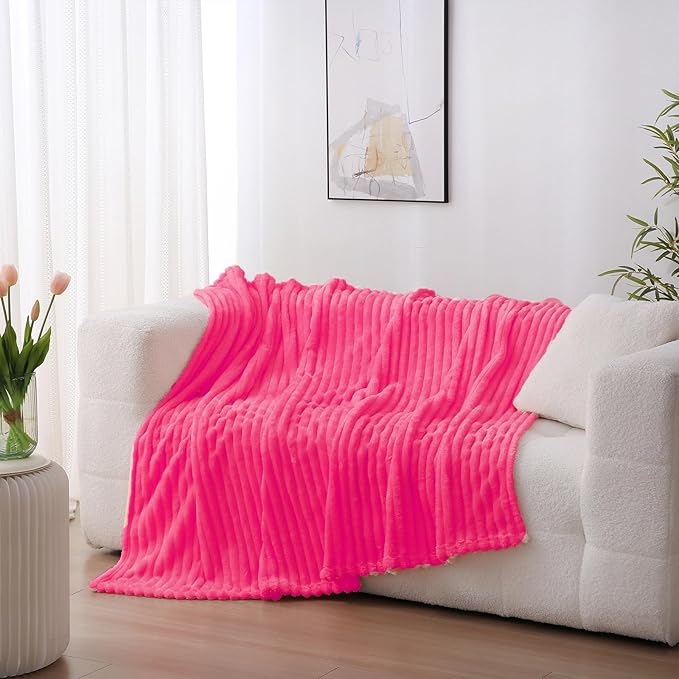 Hot Pink Fleece Throw Blanket 60”×80” for Couch Sofa Bed,Super Soft Cozy Plush Microfiber Flannel Blanket with Stripes Design Lightweight for Adults,Woman,Girls