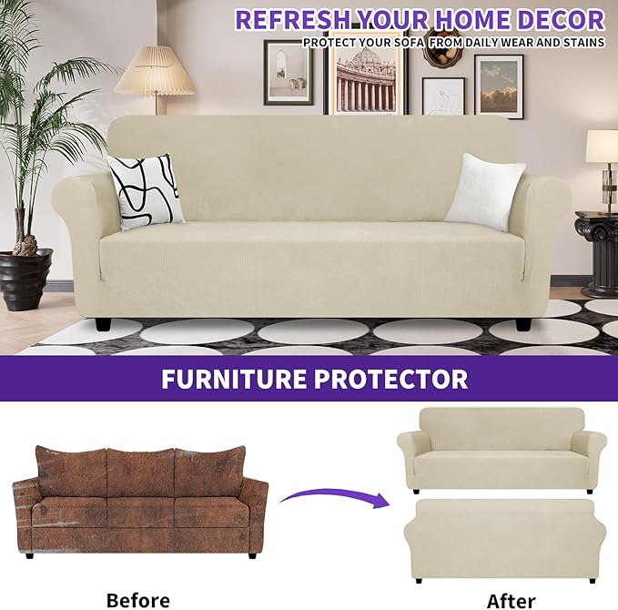 ZNSAYOTX Super Stretch Couch Cover (72"-92"), New Striped Sofa Covers Fitted Slipcovers with Elastic Bottom, Dog Cat Pets Proof Spandex Fabric Comfortable & Durable (Khaki, Sofa)