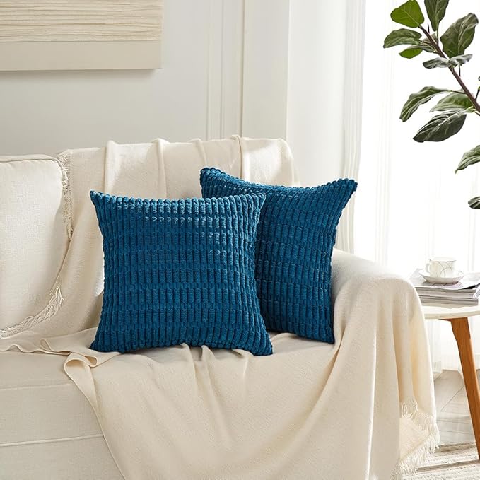 Fancy Homi 4 Packs Teal Decorative Throw Pillow Covers 22x22 Inch for Living Room Couch Bed Sofa, Rustic Farmhouse Boho Home Decor, Soft Striped Corduroy Square Cushion Case 55x55 cm