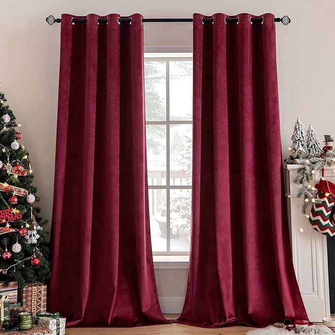 MIULEE Christmas Burgundy Velvet Curtains Solid Soft Red Blackout Curtain Grommet Top Thermal Soundproof Room Darkening Curtains/Drapes/Panels for Living Room Bedroom 52 x 72 Inch 2 Panels