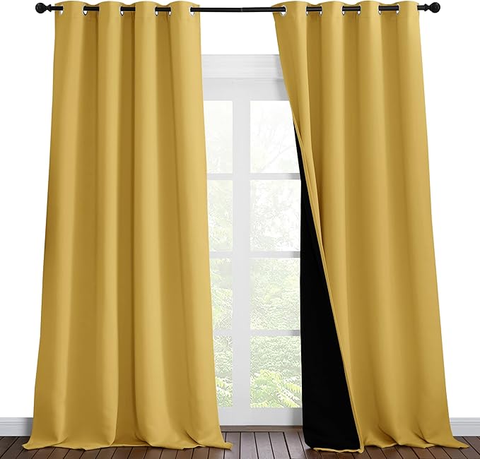 NICETOWN 100% Blackout Blinds, Set of 2, 52 inches x 102 inches, Laundry Room Decor Window Treatment Curtains for Large Patio Sliding Door, Thermal Insulated Bright Yellow Curtains for Bedroom