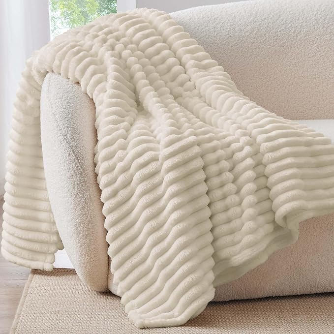 BEDELITE Fleece Throw Blanket for Couch - 300GSM Soft & Warm Fluffy Beige Blanket, Decorative and Giftable Striped Blankets for Women, Men, 50"x70"