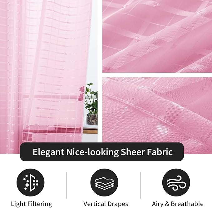 SpaceDresser Check Sheer Curtains 54 Inches 2 Panels Set, Rod Pocket Plaid Window Curtain for Living Room, Pink Semi Sheer Drapes for Kitchen Bedroom Children Room Yard（Pink, 52W x 54L）