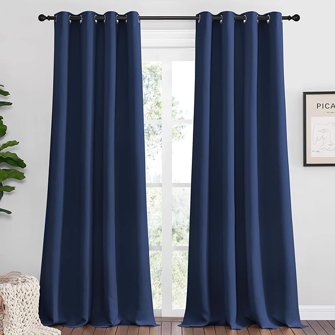 NICETOWN Bedroom Blackout Curtains Panels, 1 Pair, 55 inches by 92 Inch, Navy, Triple Weave Energy Saving Thermal Insulated Solid Grommet Blackout Draperies for Patio