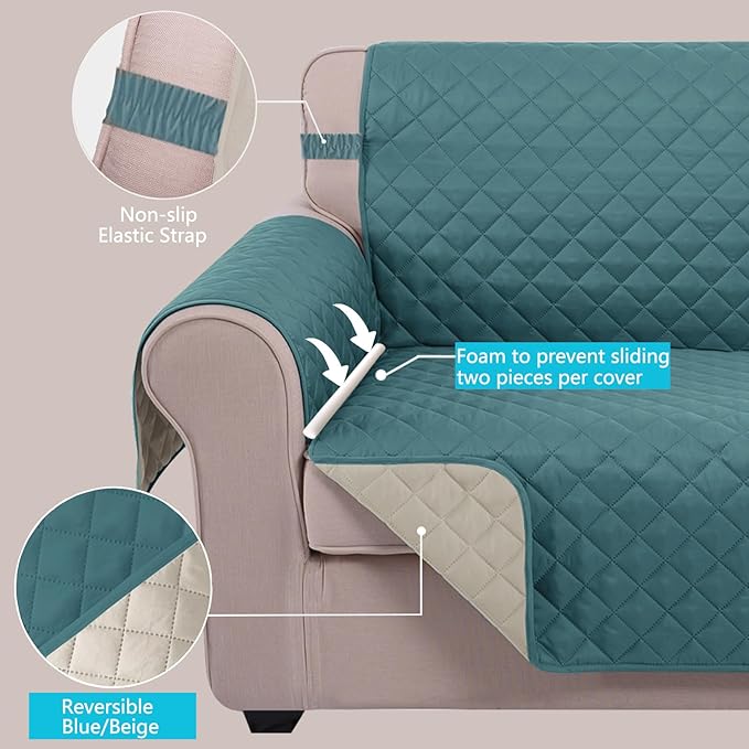 U-NICE HOME Reversible Oversized Chair Covers Quilted Water Repellent Pet Protectors with Elastic Straps(28''Armchair, Blue/Beige)