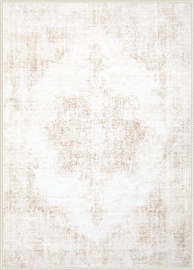 Area Rug 9x12 Vintage Rugs: Large Washable Living Room Rug Retro Medallion Distressed Soft Low Pile Non-Slip Rugs Indoor Floor Carpet for Bedroom Dining Table Office (Beige,9'x12')