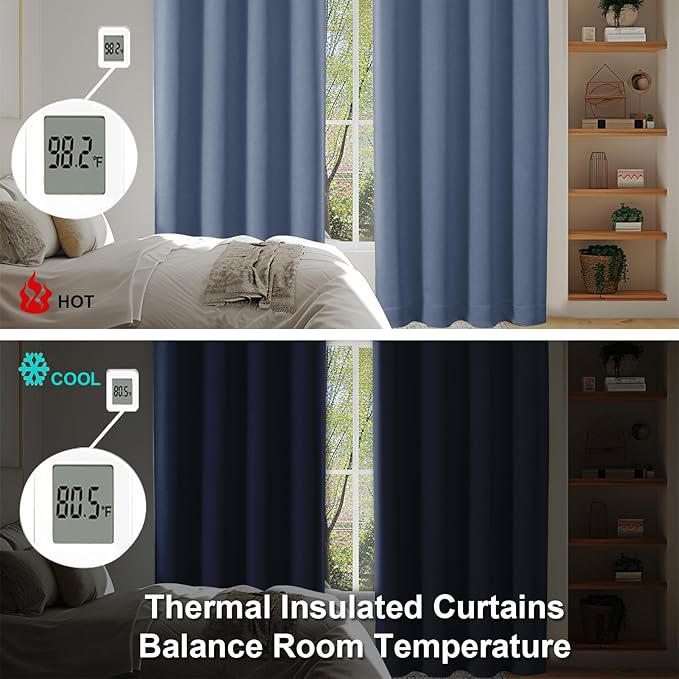 Simplebrand Ava Denim Blue Blackout Curtains for Bedroom 96 Inches Long 2 Panels, Thermal Insulated, Energy Saving Living Room Window Treatment Curtains Blackout Drapes, W40 x L96 Inch, Denim Blue