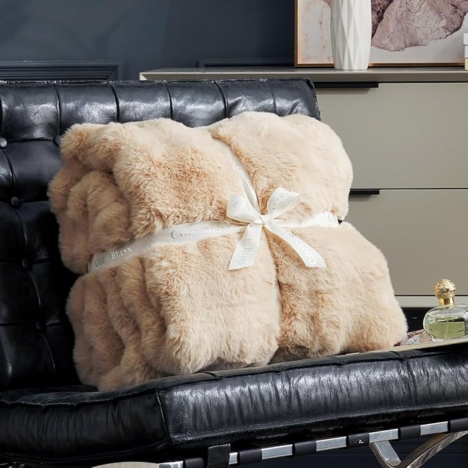 Cozy Bliss Faux Fur Throw Blanket for Couch, Bubble Plush Blanket Queen Size, Fuzzy Soft & Thick Blanket for Bed Sofa Living Room, 90x90 Inches Beige