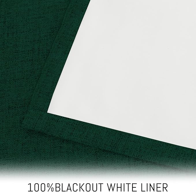 Yakamok Dark Green Linen Curtains 100% Blackout 96 Inches Long,Room Darkening Textured Drapes for Living Room Thermal Grommet Bedroom Curtains 2 Panels with White Liner