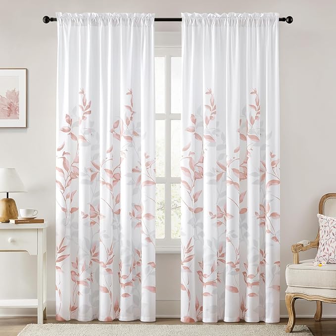 HOMEIDEAS Non-See-Through Pink and White Privacy Sheer Curtains 52 X 96 Inches Long 2 Panels, Leaf Floral Printed Light Filtering Semi Sheer Window Curtains Drapes for Bedroom Living Room